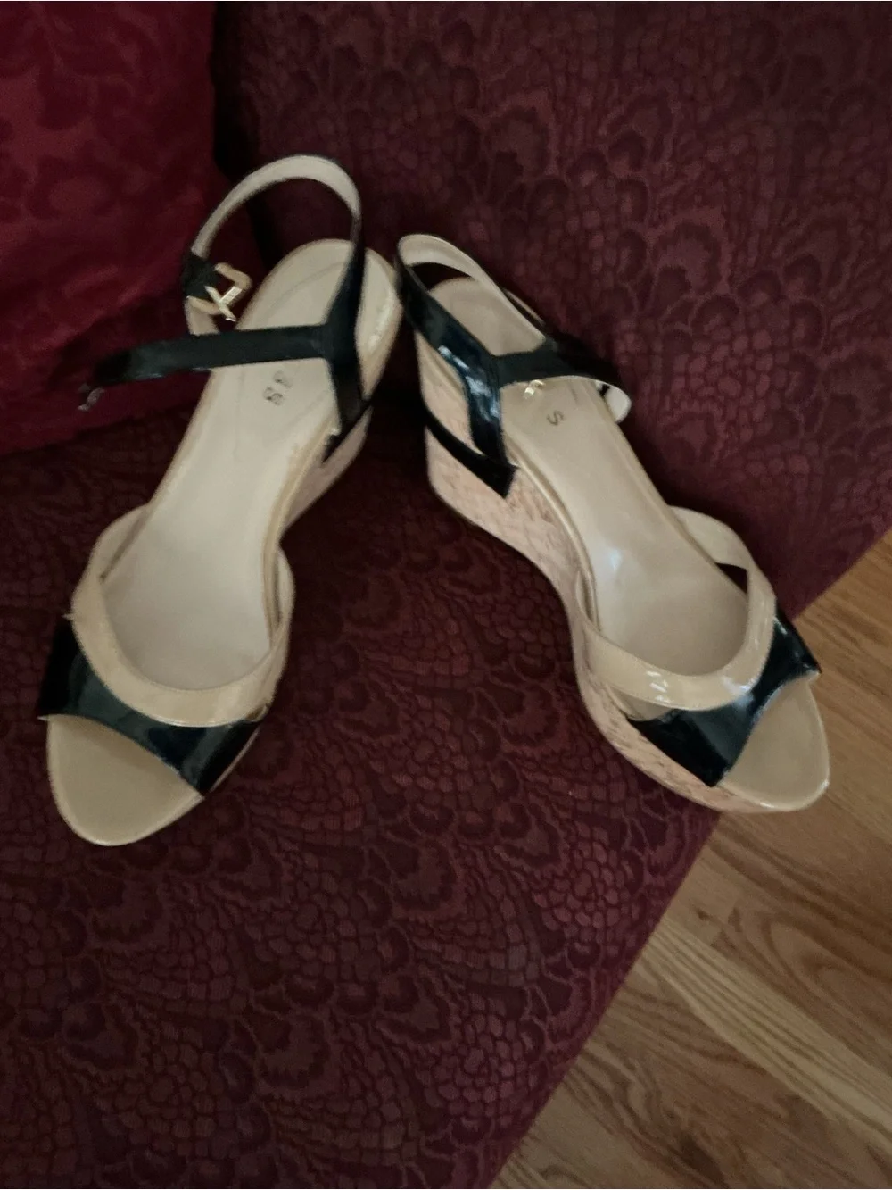 Guess Black Patent and Beige Cork Wedge Sandals